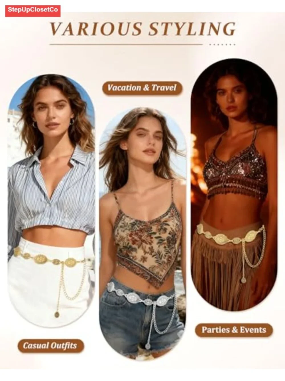 Boho Western Chain Belt for Women, Adjustable Waist Belt, Metallic